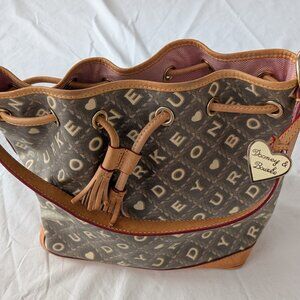 Dooney & Bourke Vintage Bucket Shoulder Bag brown logo vinyl leather heart charm
